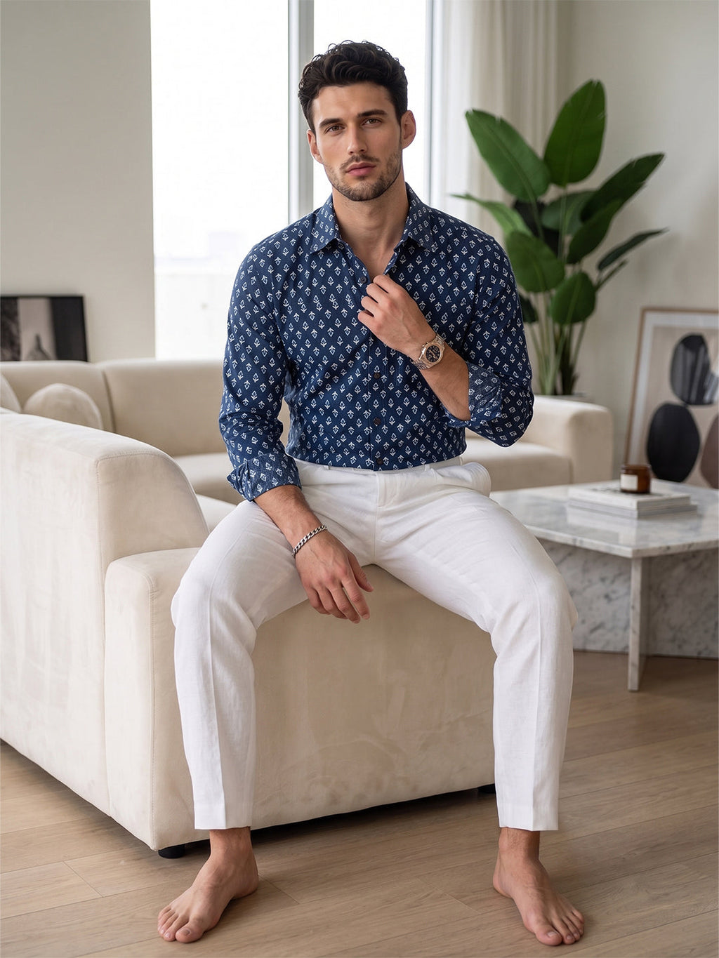 VORA LABEL Men Cotton Printed Regular Fit Spread Collar Casual Shirt - Navy Blue