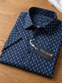 VORA LABEL Men Cotton Printed Regular Fit Casual Shirt - Navy Blue