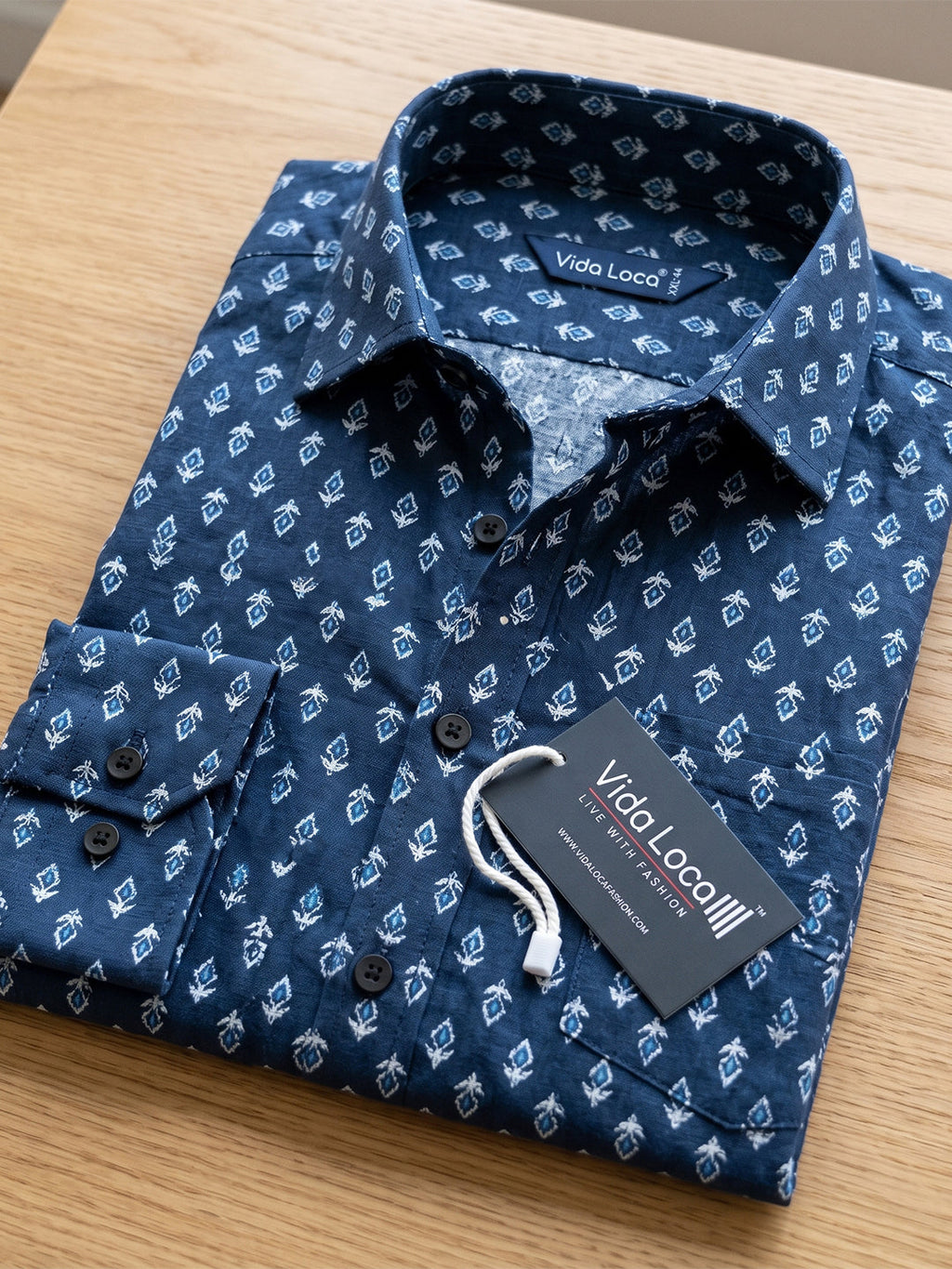 VORA LABEL Men Cotton Printed Regular Fit Spread Collar Casual Shirt - Navy Blue