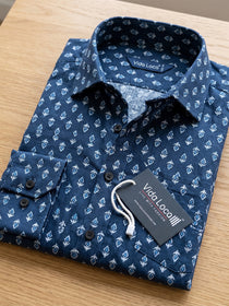 VORA LABEL Men Cotton Printed Regular Fit Spread Collar Casual Shirt - Navy Blue