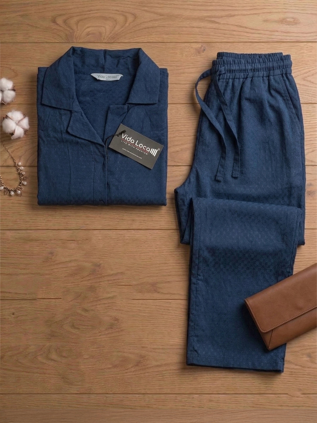 VORA LABEL Women Linen Solid Relaxed Fit Half Sleeve Co-ord Set - Navy Blue