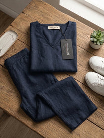 VORA LABEL Women Linen Solid Relaxed Fit Co-ord Set - Navy Blue