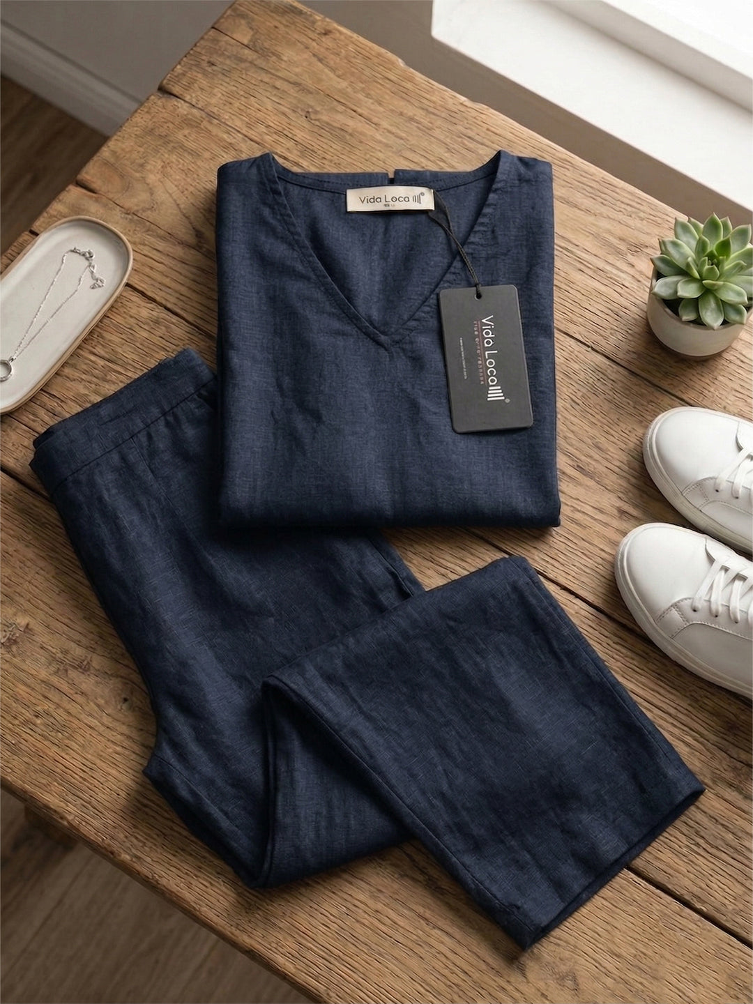 VORA LABEL Women Linen Solid Relaxed Fit Co-ord Set - Navy Blue