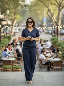 VORA LABEL Women's Two Piece Set, Navy Blue, V-Neck Top with Wide Leg Trousers, Short Sleeve