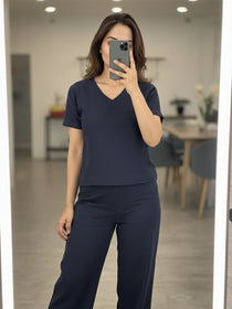 VORA LABEL Women Linen Solid Relaxed Fit Co-ord Set - Navy Blue