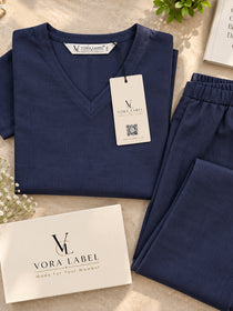VORA LABEL Women's Two Piece Set, Navy Blue, V-Neck Top with Wide Leg Trousers, Short Sleeve