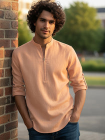 VORA LABEL Men Cotton Blend Striped Solid Short Kurta - Beige
