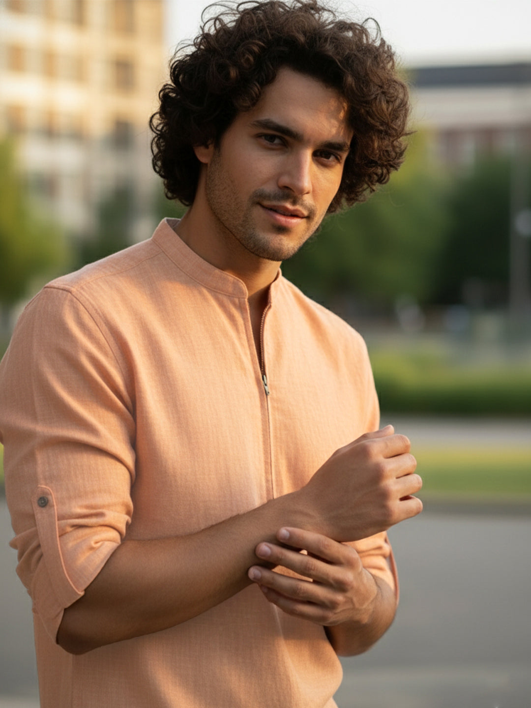 VORA LABEL Men Cotton Blend Striped Solid Short Kurta - Beige