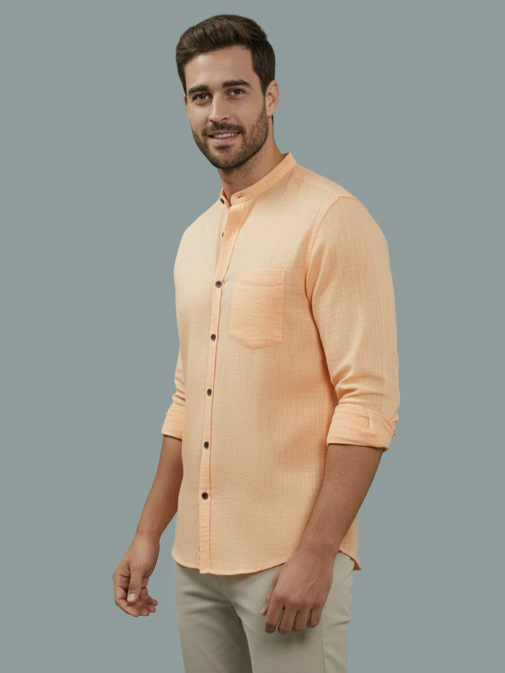 VORA LABEL Men Cotton Regular Fit Mandarin Collar Casual Shirt - Pink