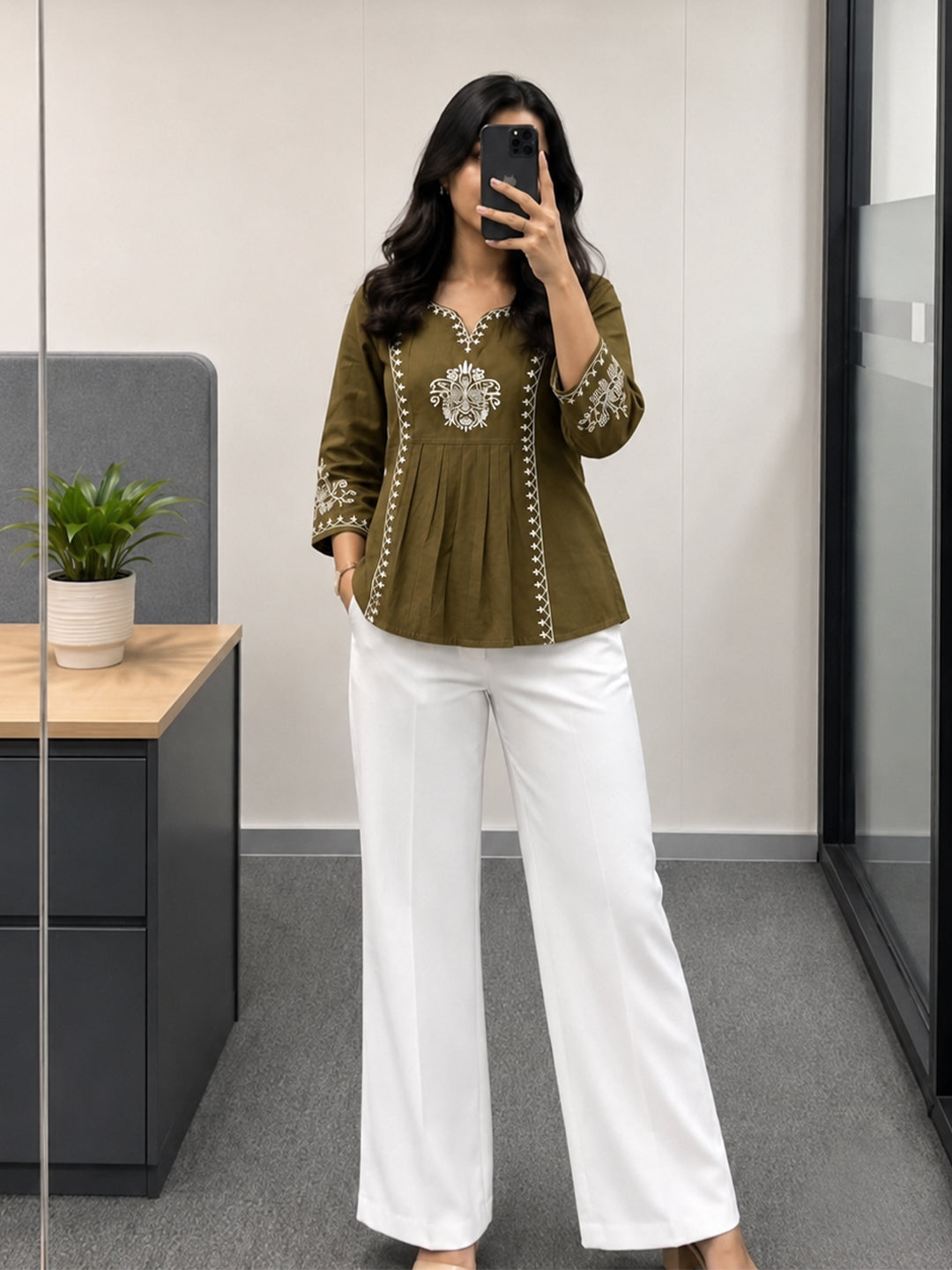 VORA LABEL Women Viscose Rayon Embroidered Regular Fit Peplum Top - Black