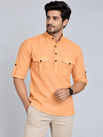 VORA LABEL Men’s Pure Cotton Solid Mandarin Collar Kurta | Full Sleeves with Roll-Up Tab | Casual & Smart Casual Wear