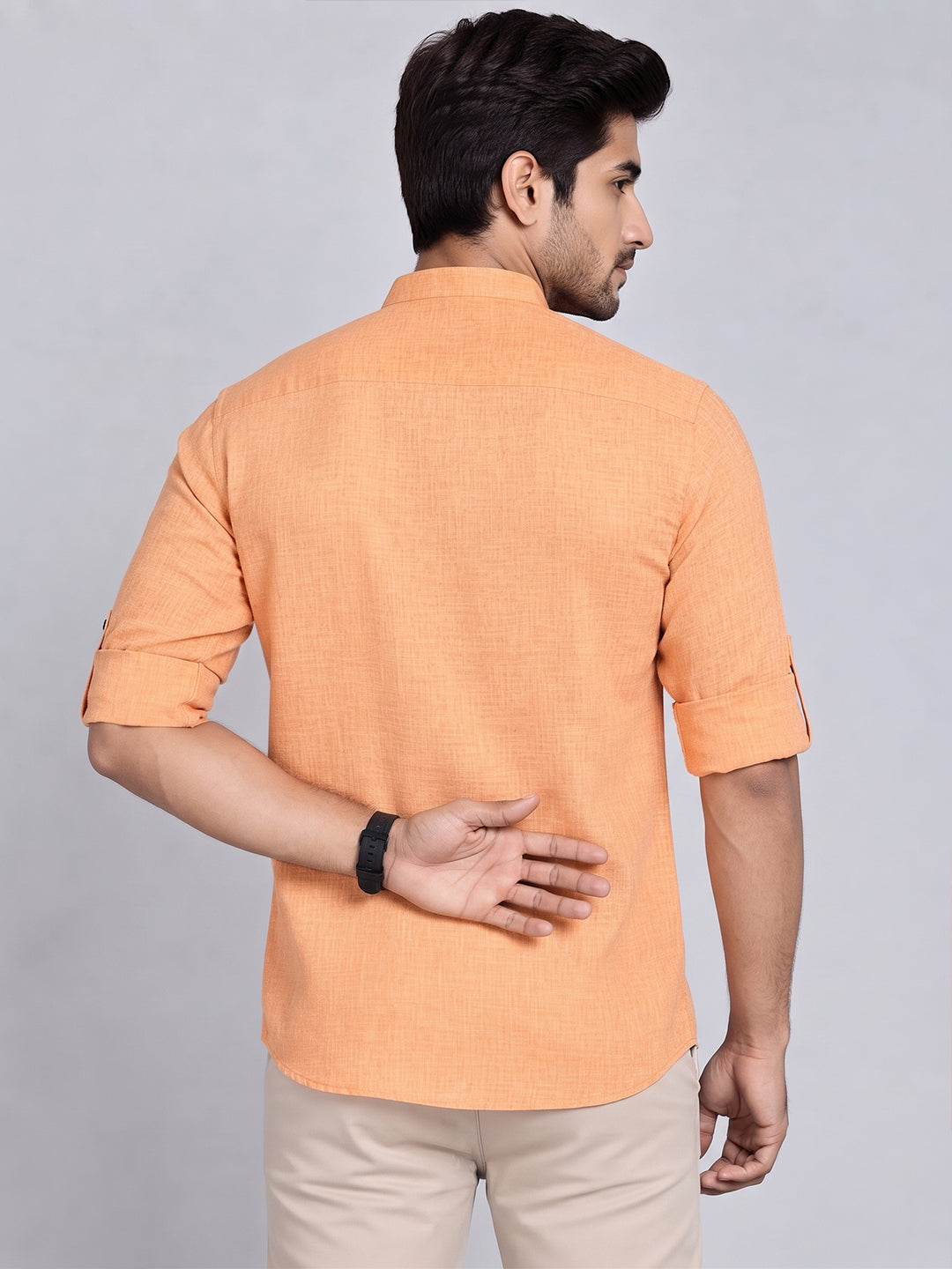 VORA LABEL Men’s Pure Cotton Solid Mandarin Collar Kurta | Full Sleeves with Roll-Up Tab | Casual & Smart Casual Wear