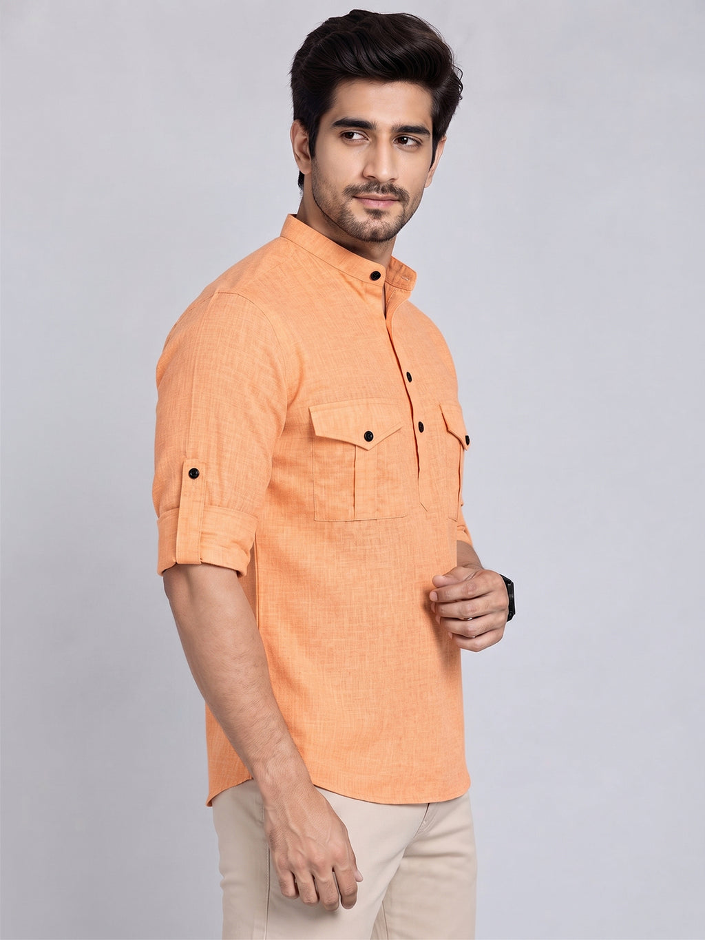 VORA LABEL Men’s Pure Cotton Solid Mandarin Collar Kurta | Full Sleeves with Roll-Up Tab | Casual & Smart Casual Wear