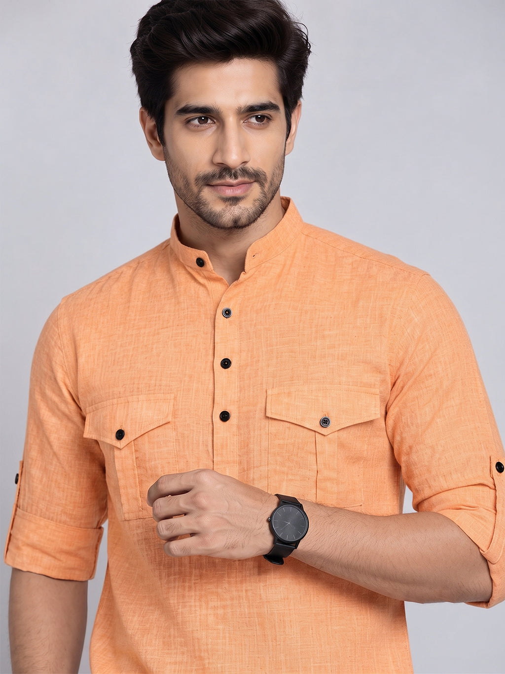 VORA LABEL Men’s Pure Cotton Solid Mandarin Collar Kurta | Full Sleeves with Roll-Up Tab | Casual & Smart Casual Wear