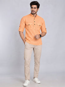 VORA LABEL Men’s Pure Cotton Solid Mandarin Collar Kurta | Full Sleeves with Roll-Up Tab | Casual & Smart Casual Wear