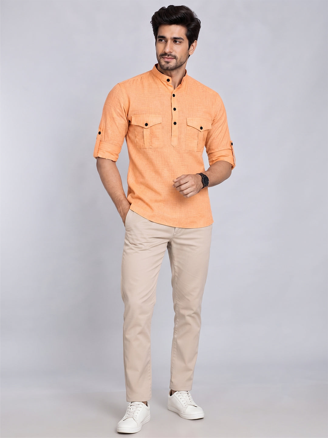 VORA LABEL Men’s Pure Cotton Solid Mandarin Collar Kurta | Full Sleeves with Roll-Up Tab | Casual & Smart Casual Wear