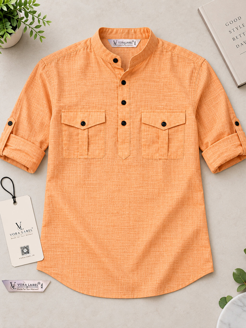 VORA LABEL Men’s Pure Cotton Solid Mandarin Collar Kurta | Full Sleeves with Roll-Up Tab | Casual & Smart Casual Wear