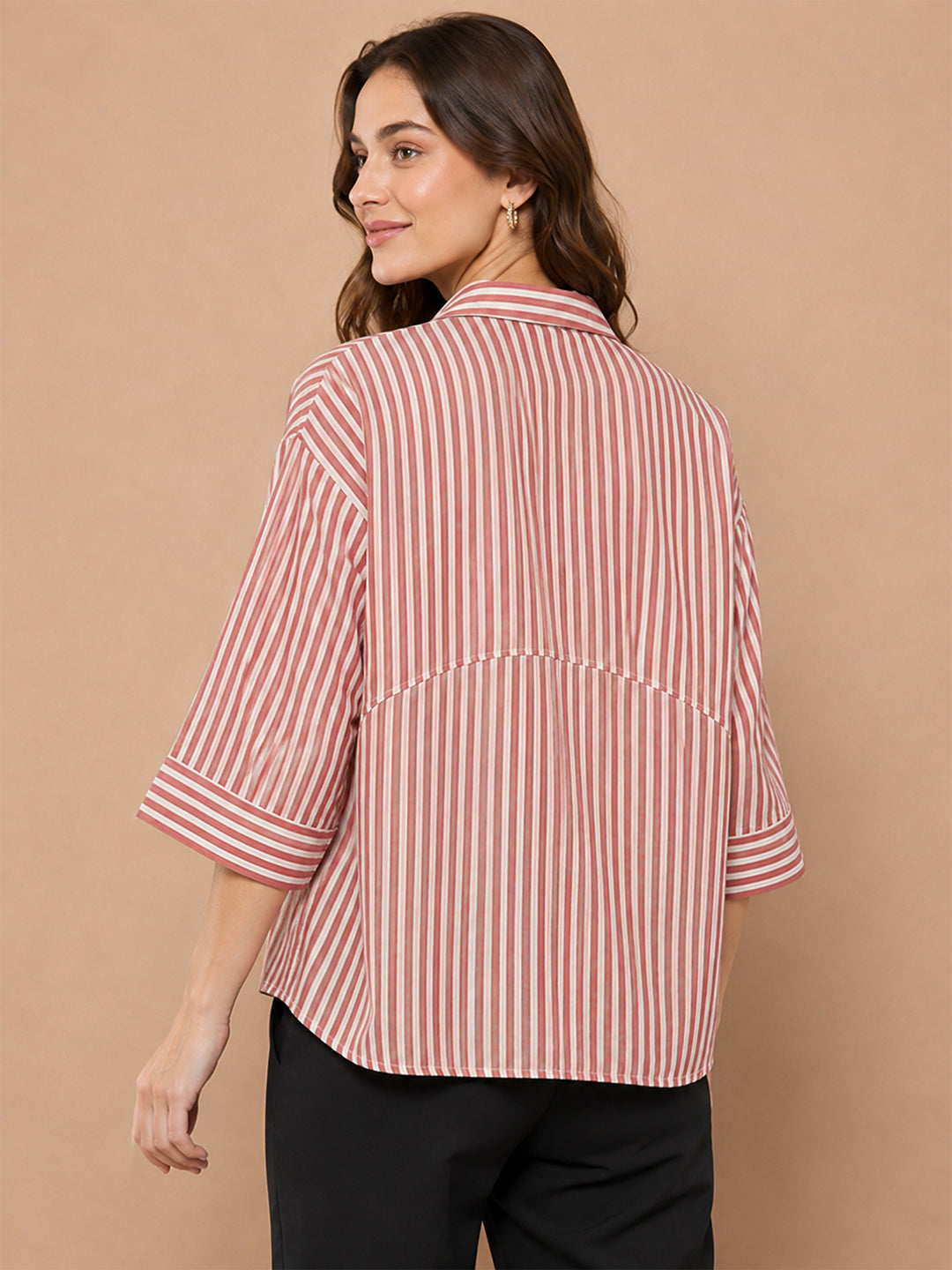 VORA LABEL Women’s Pure Cotton Pink & White Striped Shirt Top | 3/4 Sleeve Casual Collared Tunic Secondary image