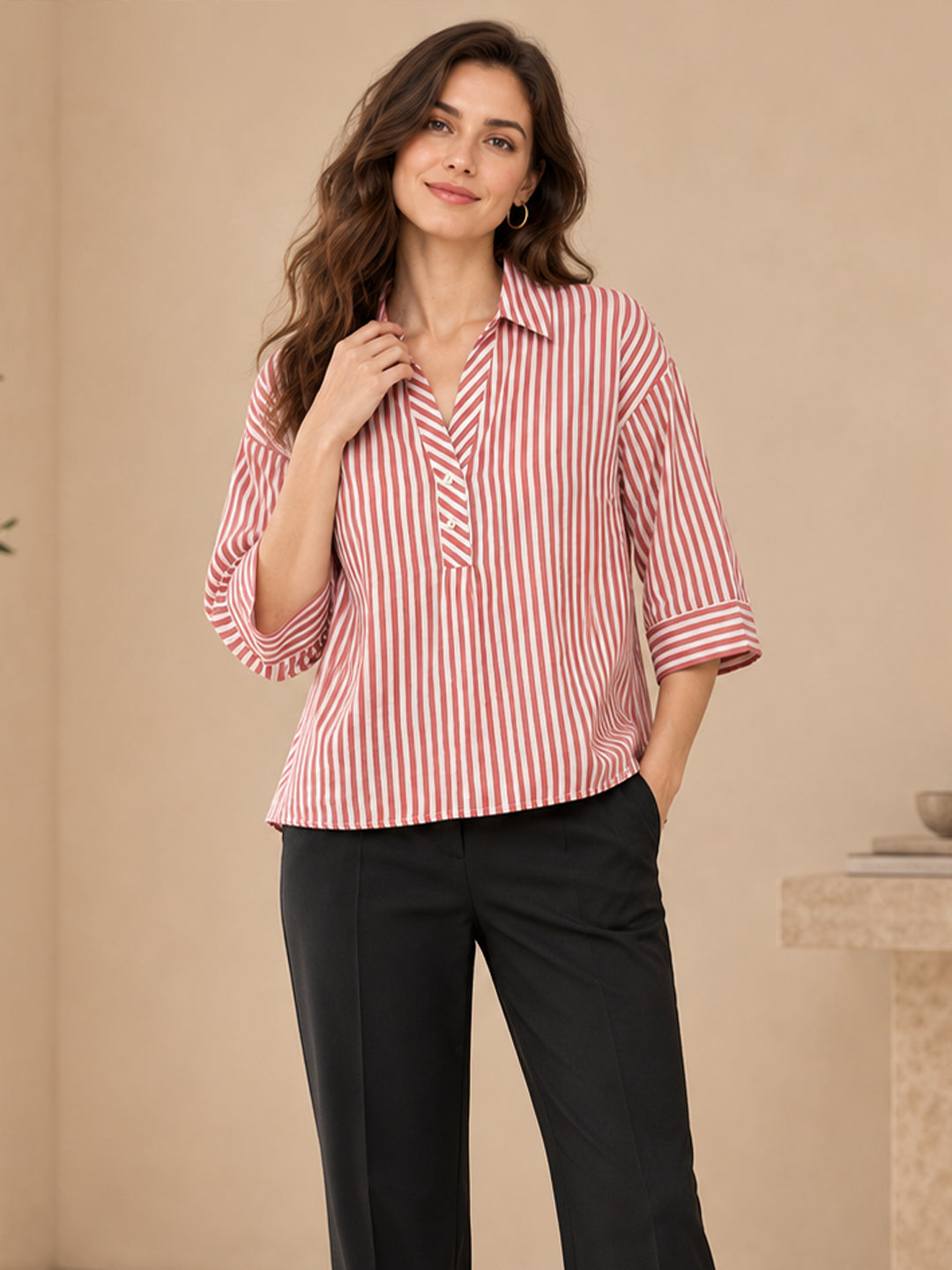 VORA LABEL Women’s Pure Cotton Pink & White Striped Shirt Top | 3/4 Sleeve Casual Collared Tunic Main image