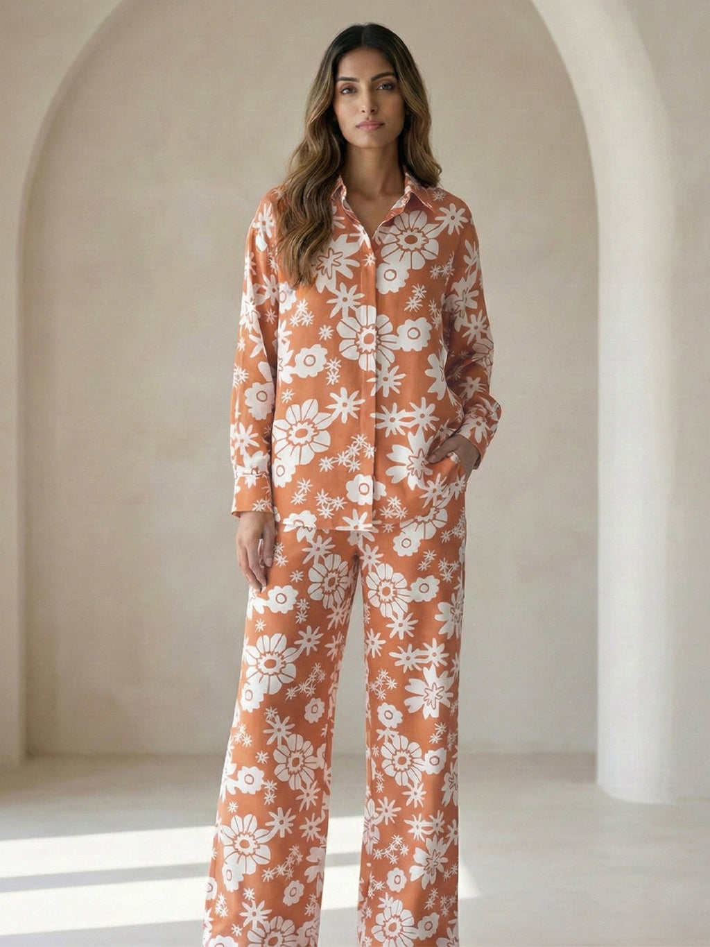 VORA LABEL Women Viscose Rayon Floral Printed Regular Fit Co-ord Set - Orange