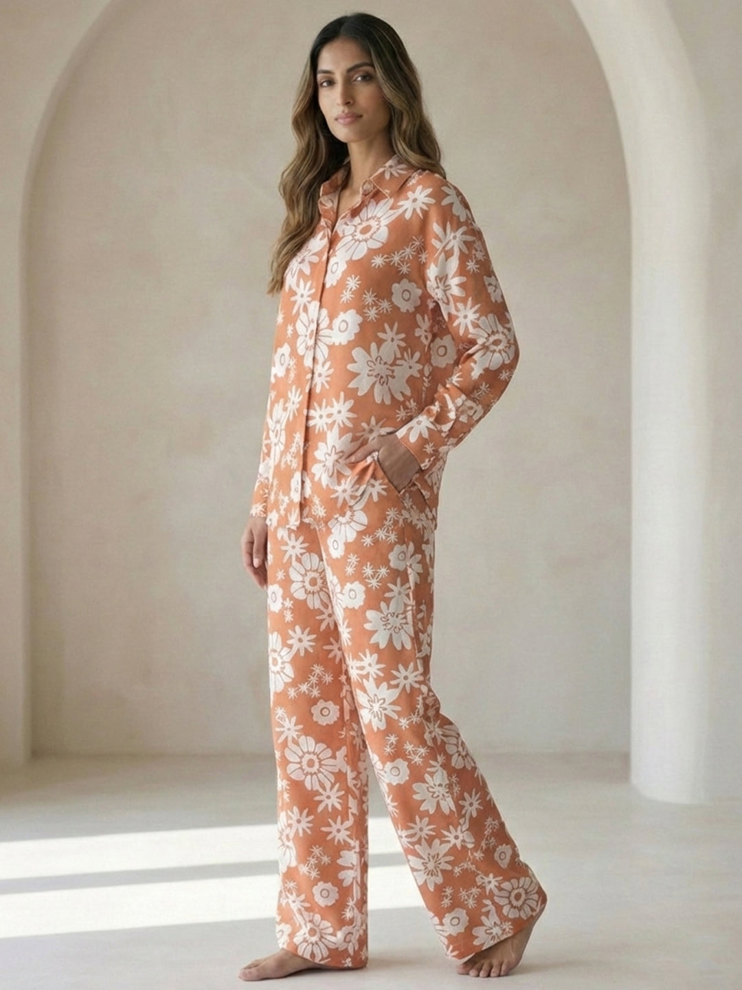 VORA LABEL Women Viscose Rayon Floral Printed Regular Fit Co-ord Set - Orange