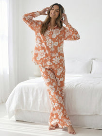 VORA LABEL Women Viscose Rayon Floral Printed Regular Fit Co-ord Set - Orange