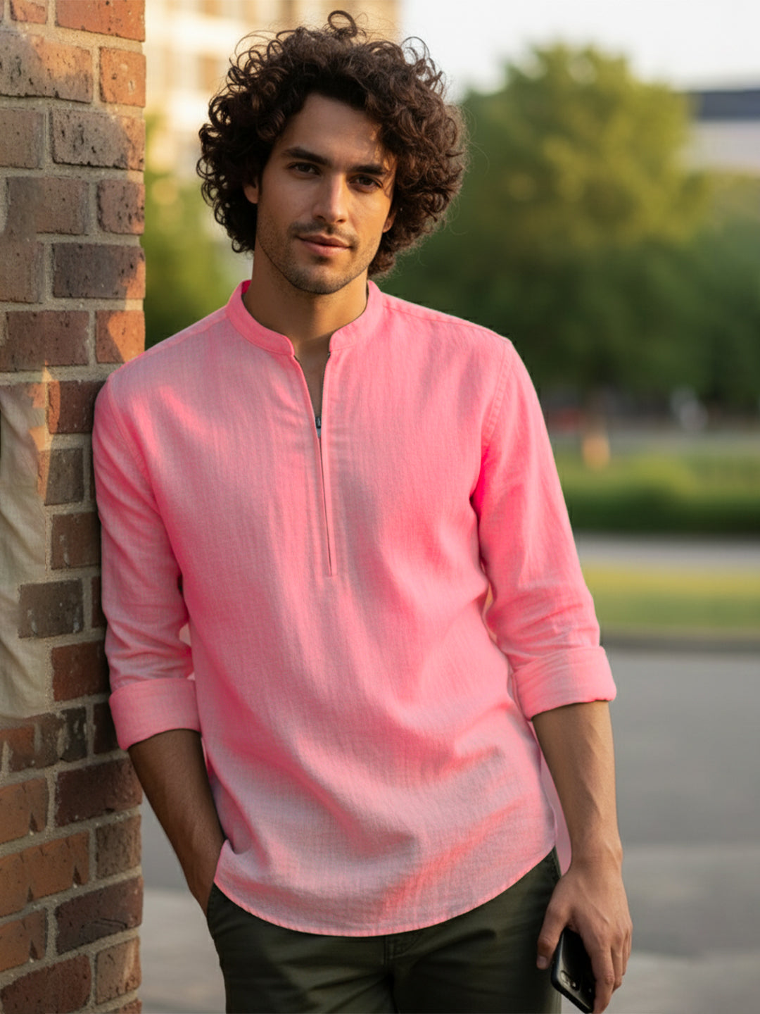 VORA LABEL Men Cotton Blend Striped Solid Short Kurta - Beige