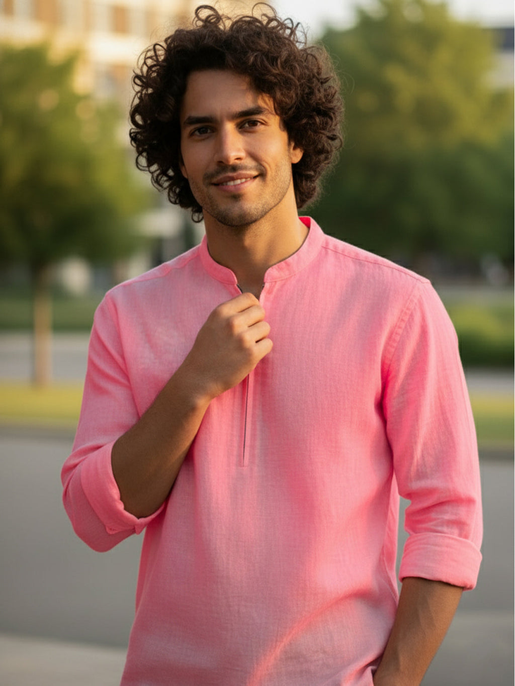 VORA LABEL Men Cotton Blend Striped Solid Short Kurta - Beige