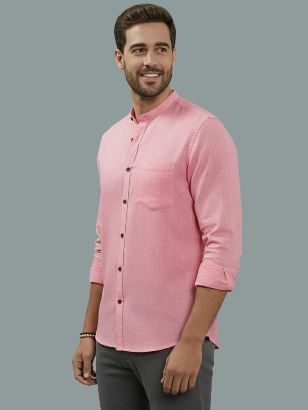 VORA LABEL Men Cotton Regular Fit Mandarin Collar Casual Shirt - Pink
