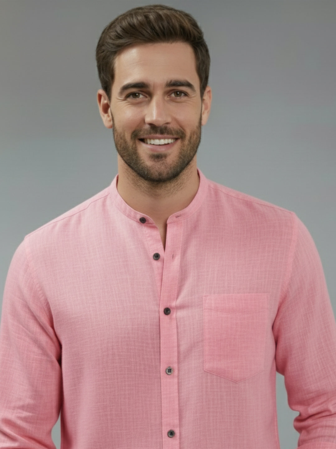 VORA LABEL Men Cotton Regular Fit Mandarin Collar Casual Shirt - Pink