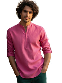 VORA LABEL Men Cotton Blend Striped Solid Short Kurta - Beige