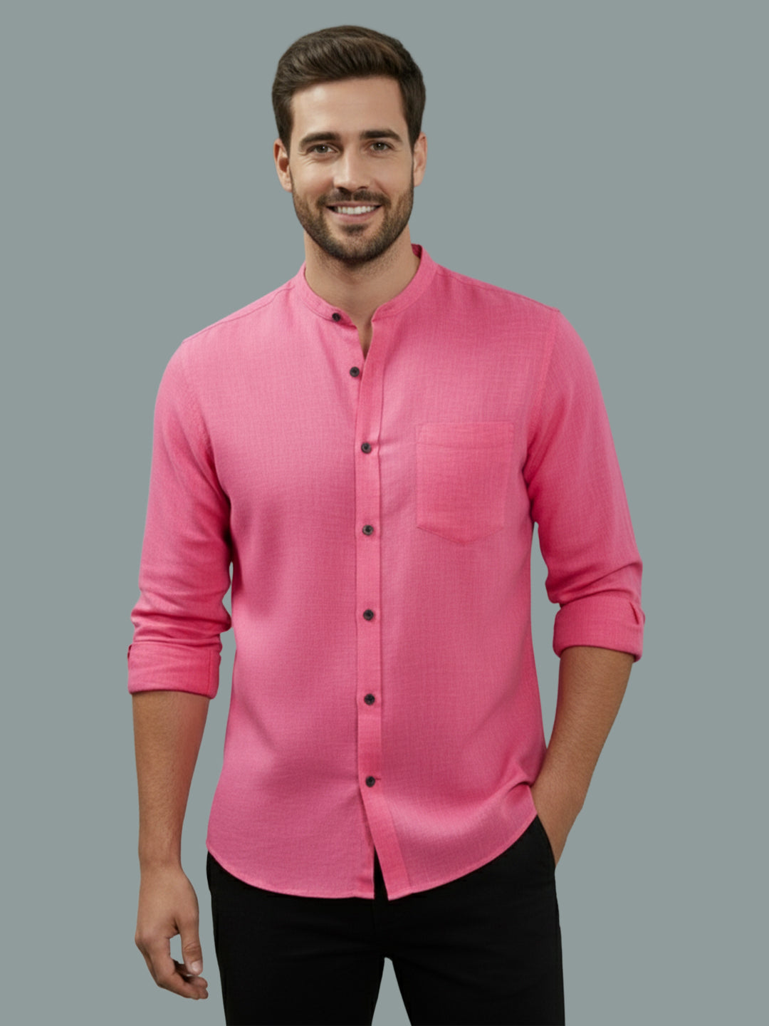 VORA LABEL Men Cotton Regular Fit Mandarin Collar Casual Shirt - Pink