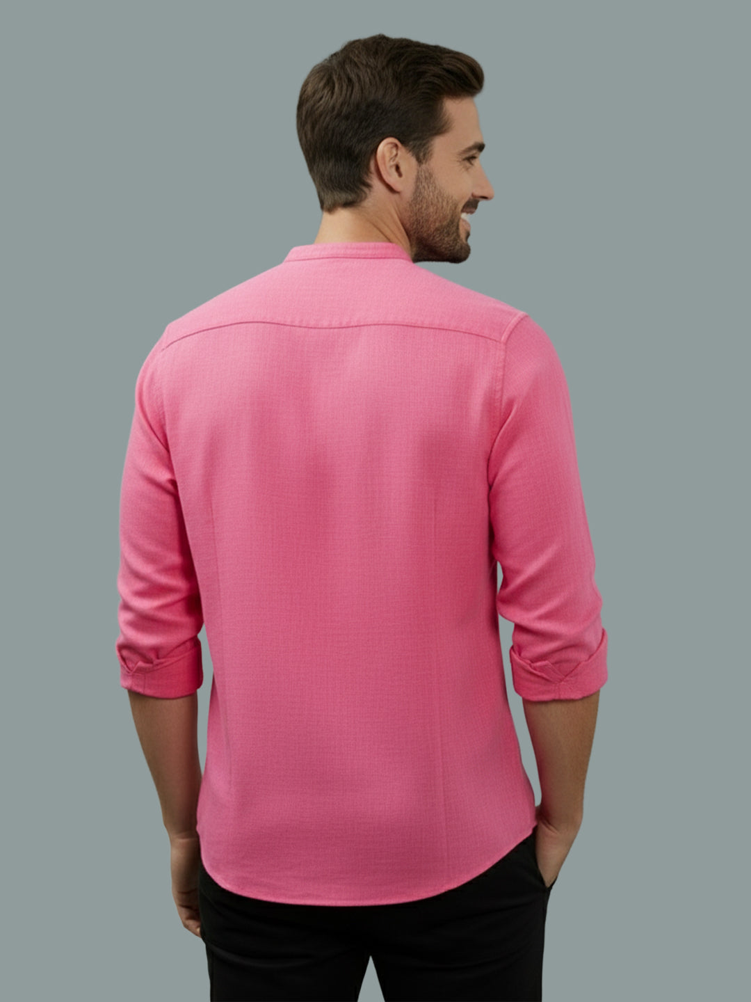 VORA LABEL Men Cotton Regular Fit Mandarin Collar Casual Shirt - Pink
