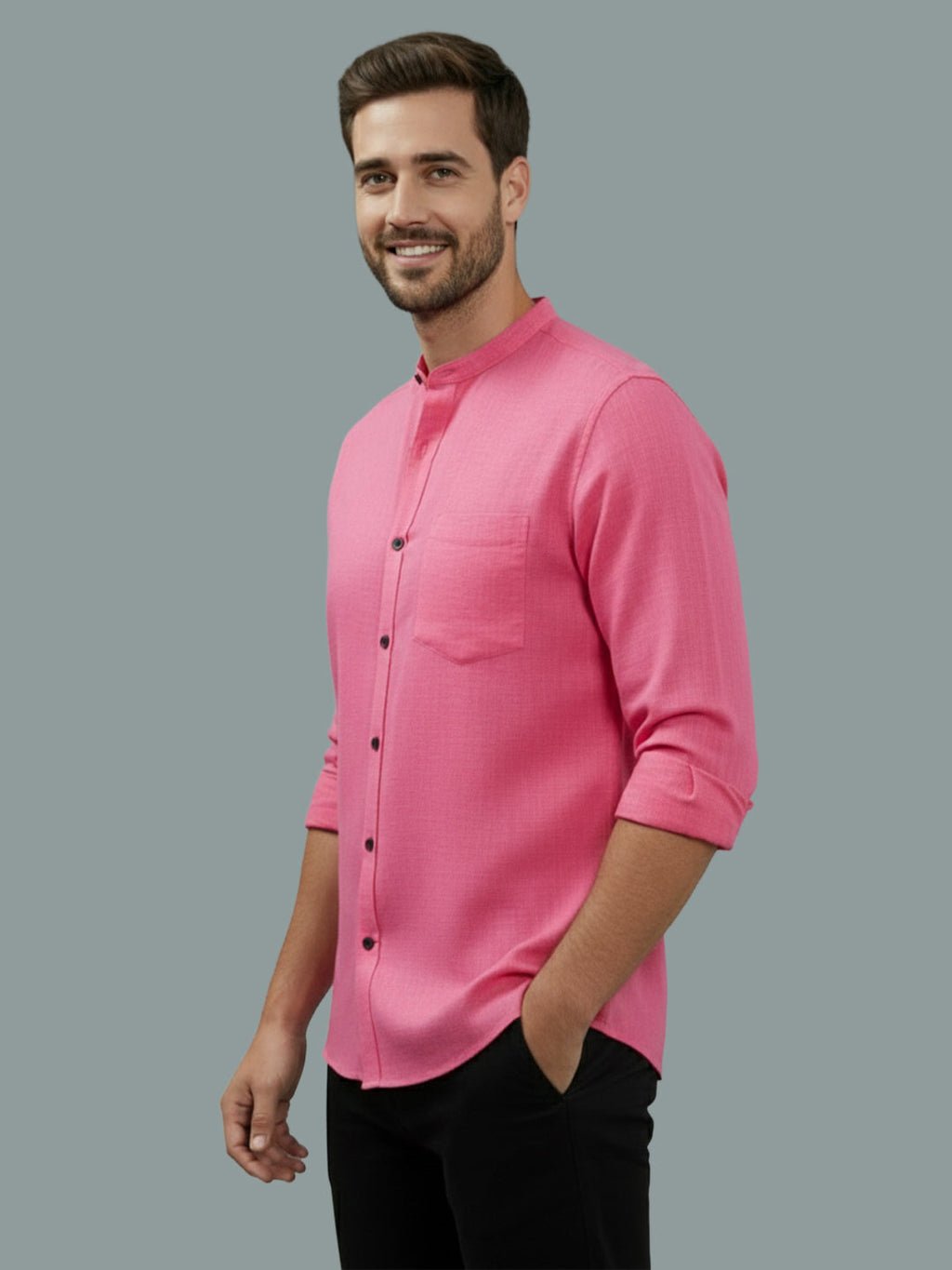 VORA LABEL Men Cotton Regular Fit Mandarin Collar Casual Shirt - Pink