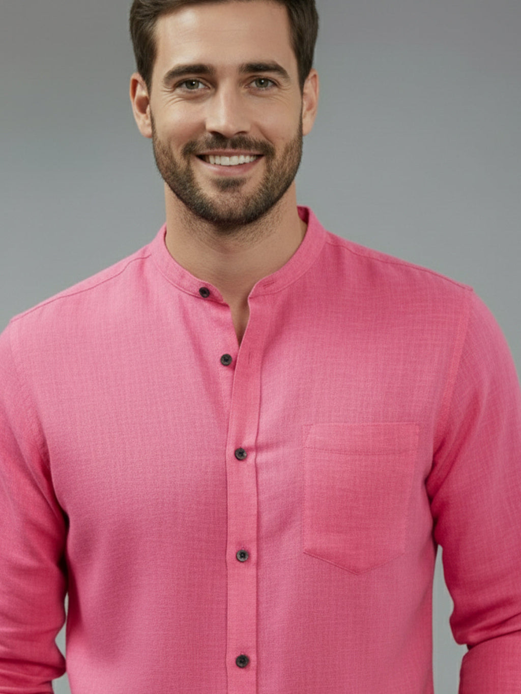 VORA LABEL Men Cotton Regular Fit Mandarin Collar Casual Shirt - Pink