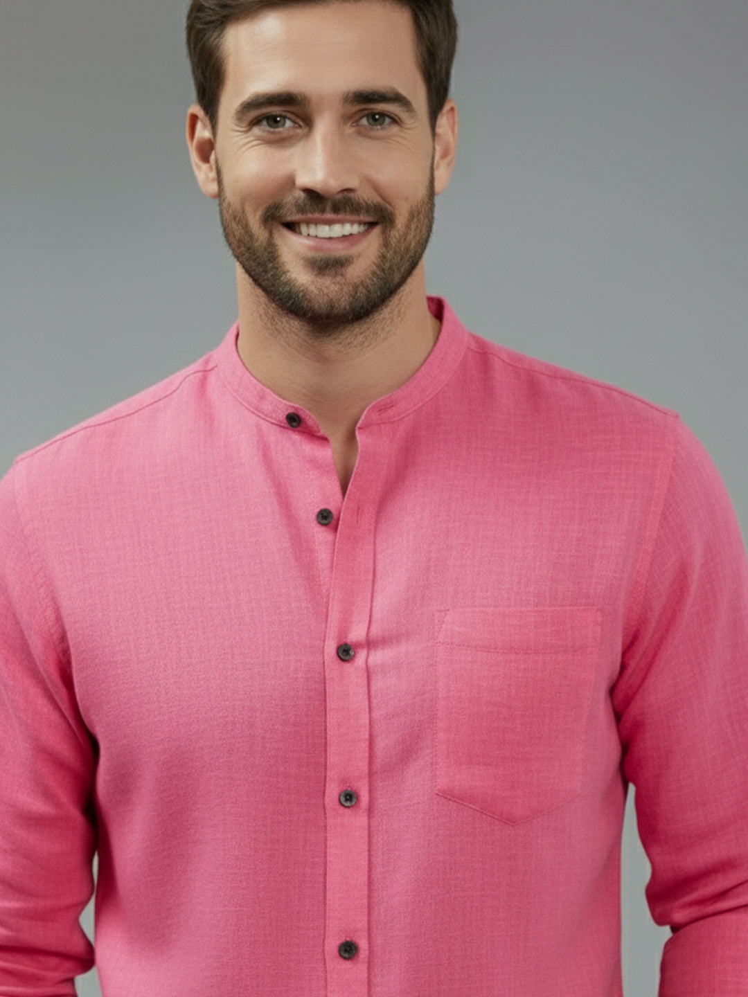 VORA LABEL Men Cotton Regular Fit Mandarin Collar Casual Shirt - Pink