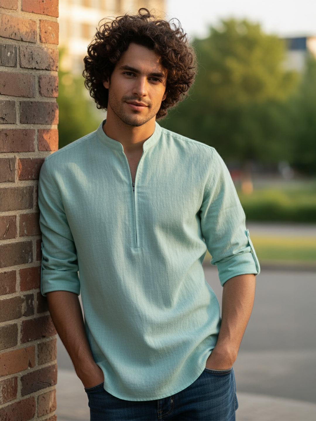 VORA LABEL Men Cotton Blend Striped Solid Short Kurta - Beige