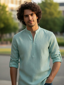 VORA LABEL Men Cotton Blend Striped Solid Short Kurta - Beige