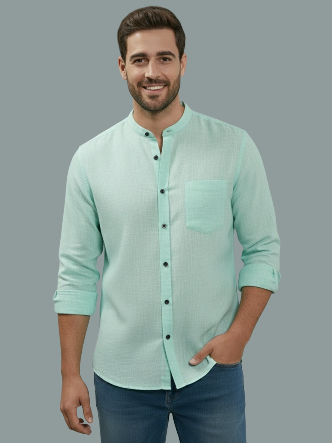 VORA LABEL Men Cotton Regular Fit Mandarin Collar Casual Shirt - Pink