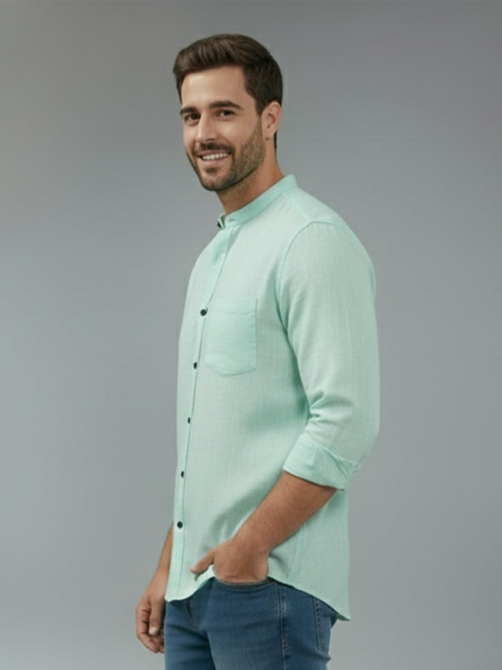 VORA LABEL Men Cotton Regular Fit Mandarin Collar Casual Shirt - Pink