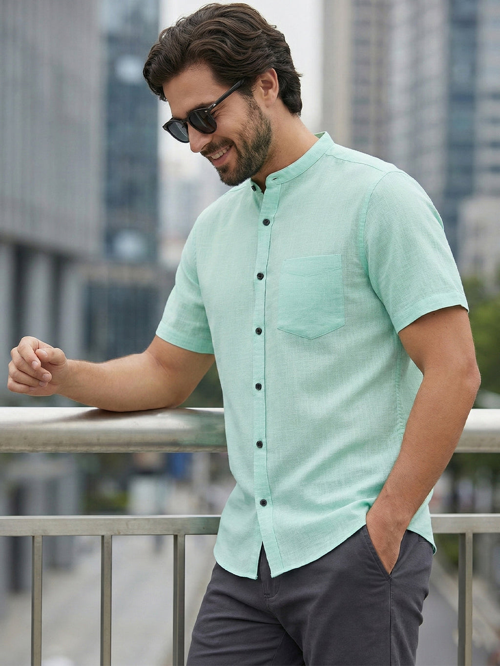 VORA LABEL Men Cotton Regular Fit Mandarin Collar Casual Shirt - White