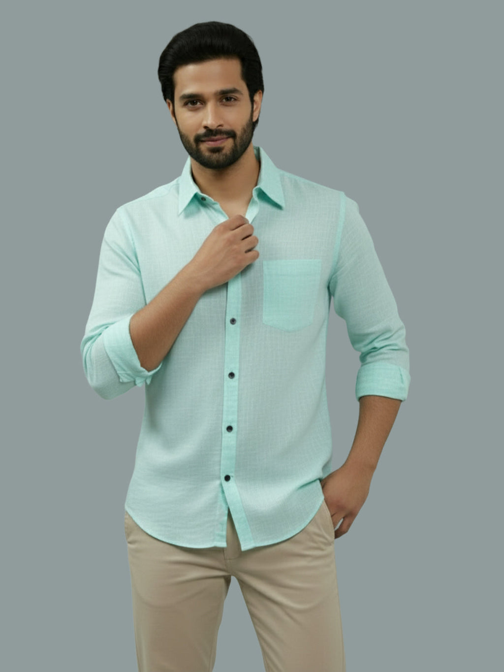 VORA LABEL Men Cotton Regular Fit Spread Collar Casual Shirt - Green