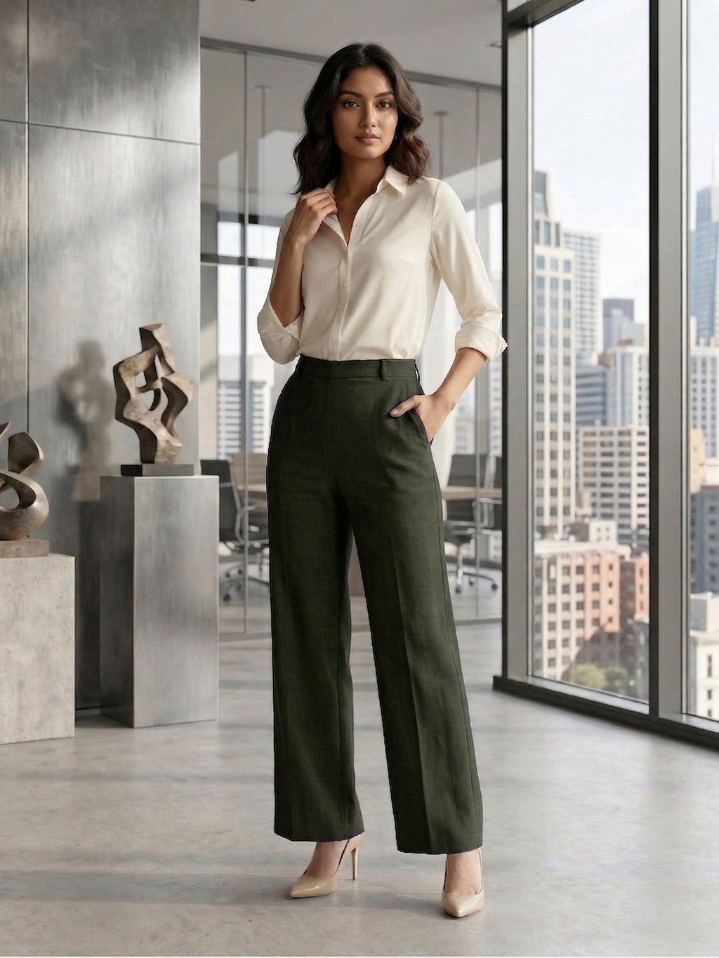 VORA LABEL Women Rayon Solid Straight Fit Trousers - Green