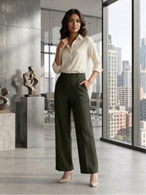 VORA LABEL Women Rayon Solid Straight Fit Trousers - Green