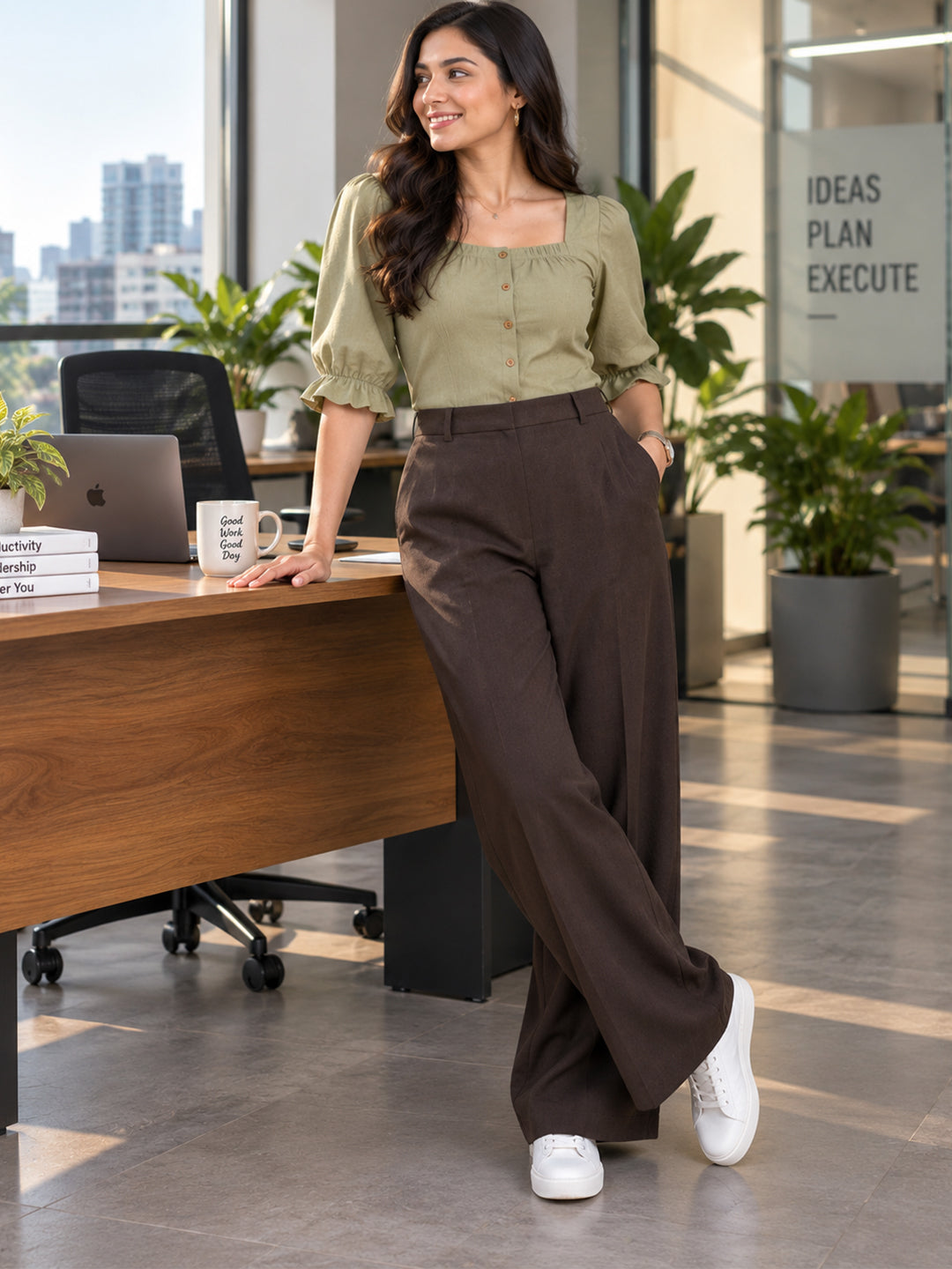 VORA LABEL Women’s Dark Brown Linen Wide-Leg Formal Trousers Main image