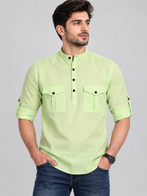 VORA LABEL Men’s Pure Cotton Solid Mandarin Collar Kurta | Full Sleeves with Roll-Up Tab | Casual & Smart Casual Wear