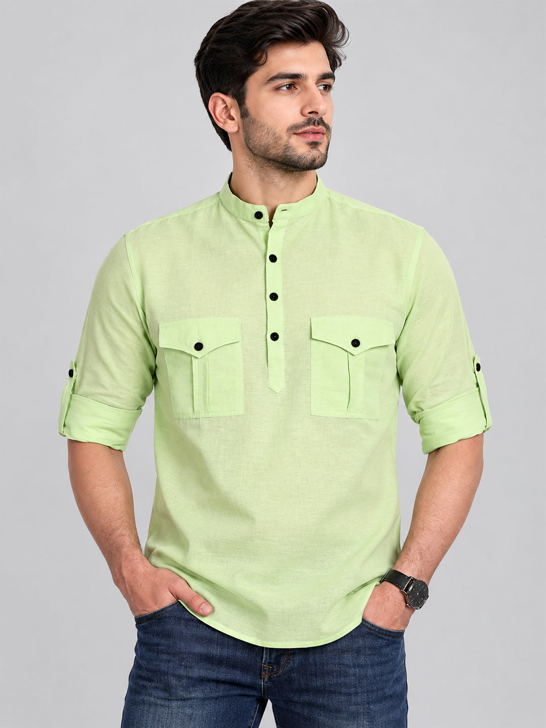 VORA LABEL Men’s Pure Cotton Solid Mandarin Collar Kurta | Full Sleeves with Roll-Up Tab | Casual & Smart Casual Wear
