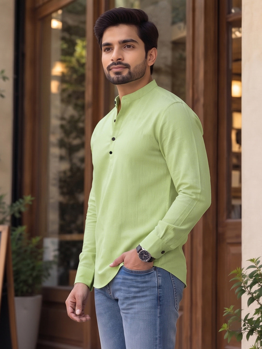 VORA LABEL Men’s Cotton Blend Solid Kurta | Mandarin Collar Full Sleeve Kurta | Casual & Festive Wear