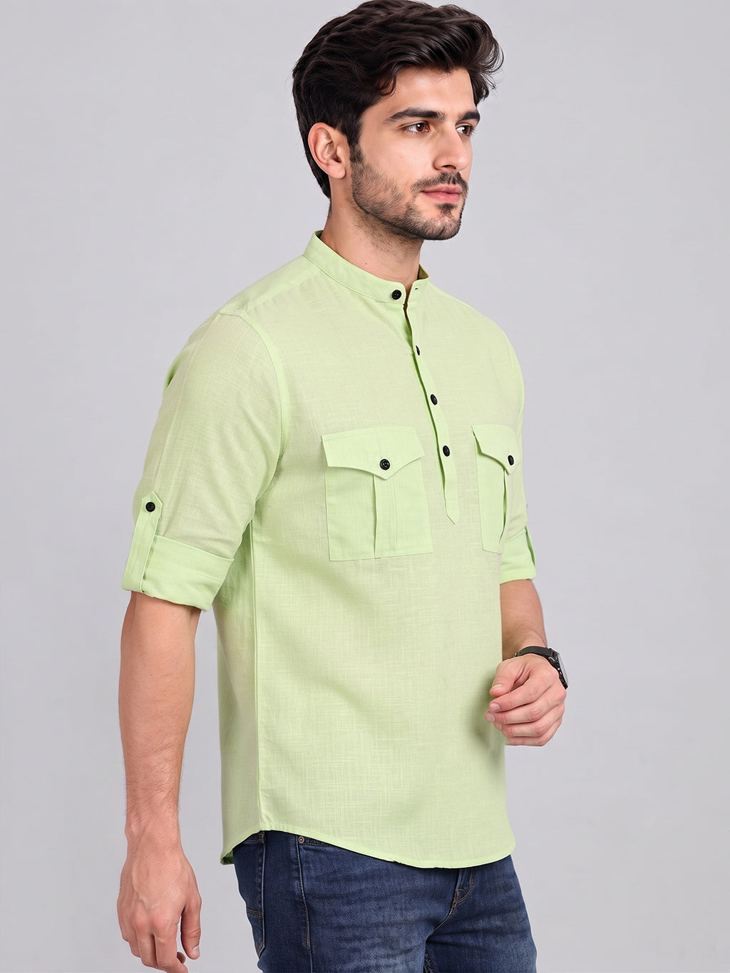 VORA LABEL Men’s Pure Cotton Solid Mandarin Collar Kurta | Full Sleeves with Roll-Up Tab | Casual & Smart Casual Wear