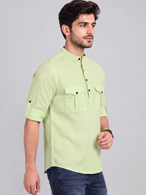 VORA LABEL Men’s Pure Cotton Solid Mandarin Collar Kurta | Full Sleeves with Roll-Up Tab | Casual & Smart Casual Wear